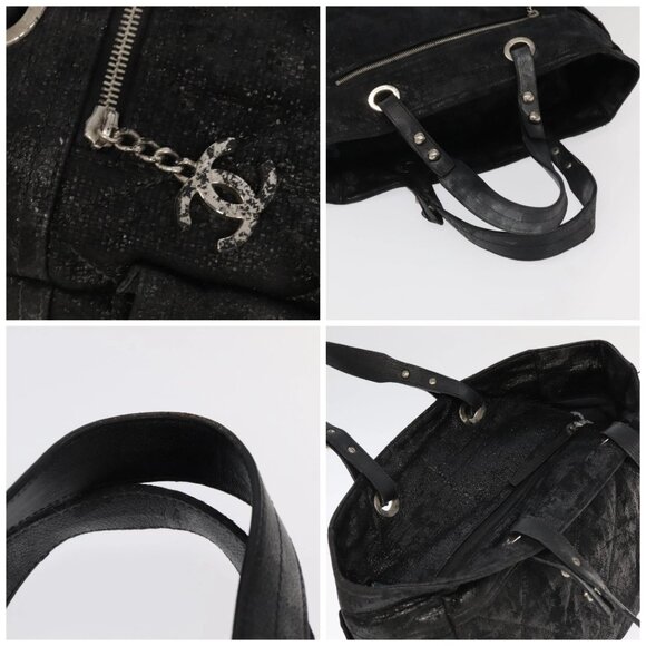 CHANEL Paris Biarritz MM Tote Bag Coated Canvas Black Silver CC Auth bs19293 - Picture 16 of 16